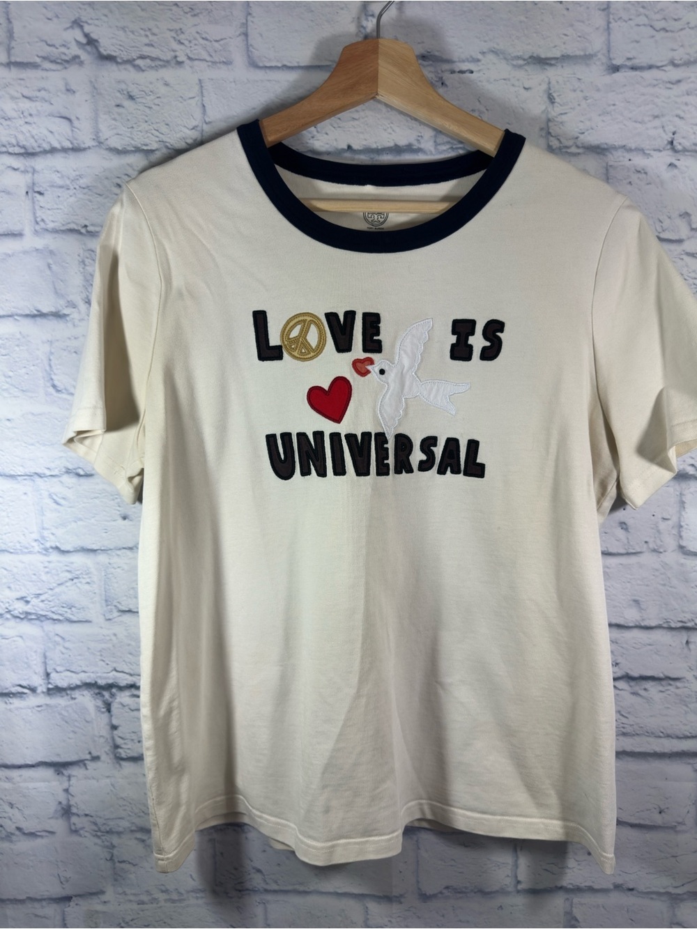 Tory Burch Embroidered Embellished Short Sleeve Love Is Universal T-Shirt Sz XL